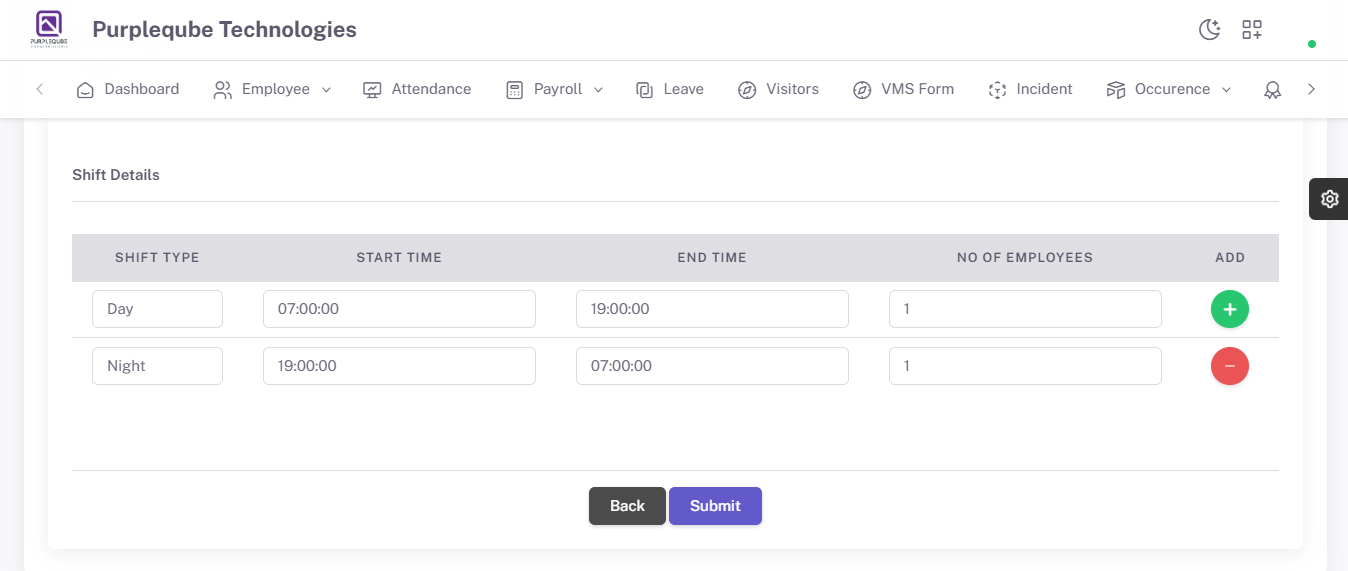 Edit Sites form showing Shift Details section with pre-filled shift data
